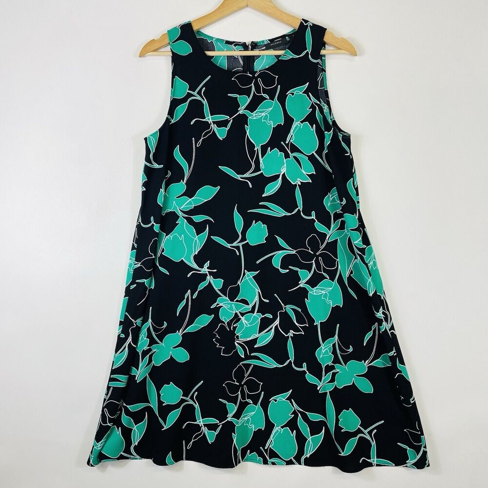 Halogen Green Black Floral Crepe A-Line Trapeze Sleeveless Dress Womens Small‎